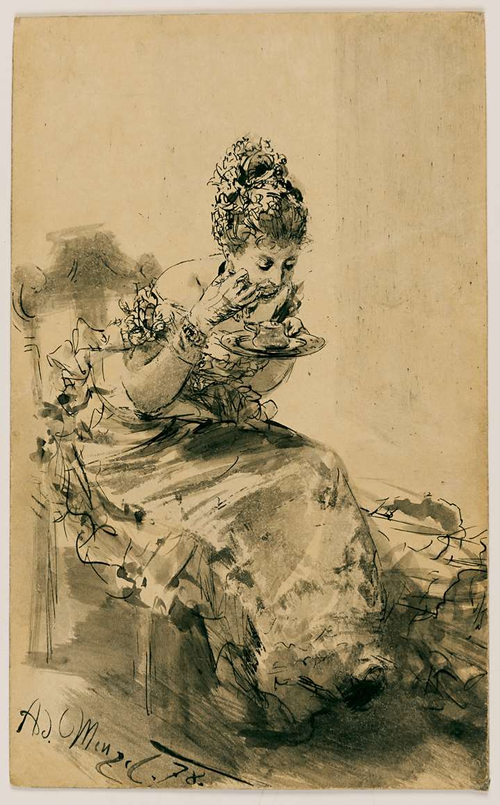 A Seated, Elegantly Dressed Lady Eating from a Plate